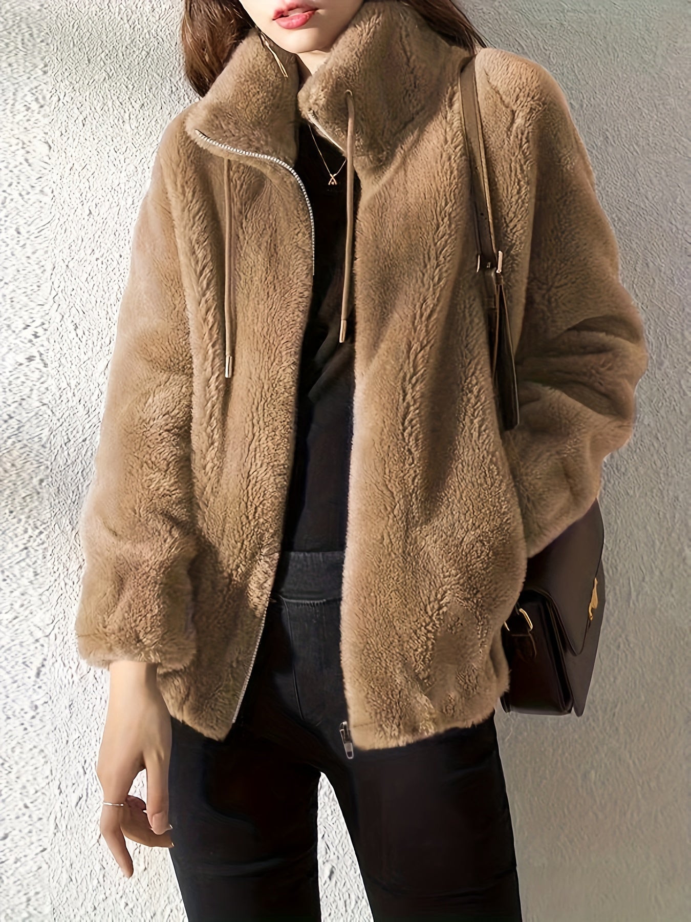 Drawstring Teddy Coat - Casual Zip Up Long Sleeve Warm Outerwear - Women's Clothing