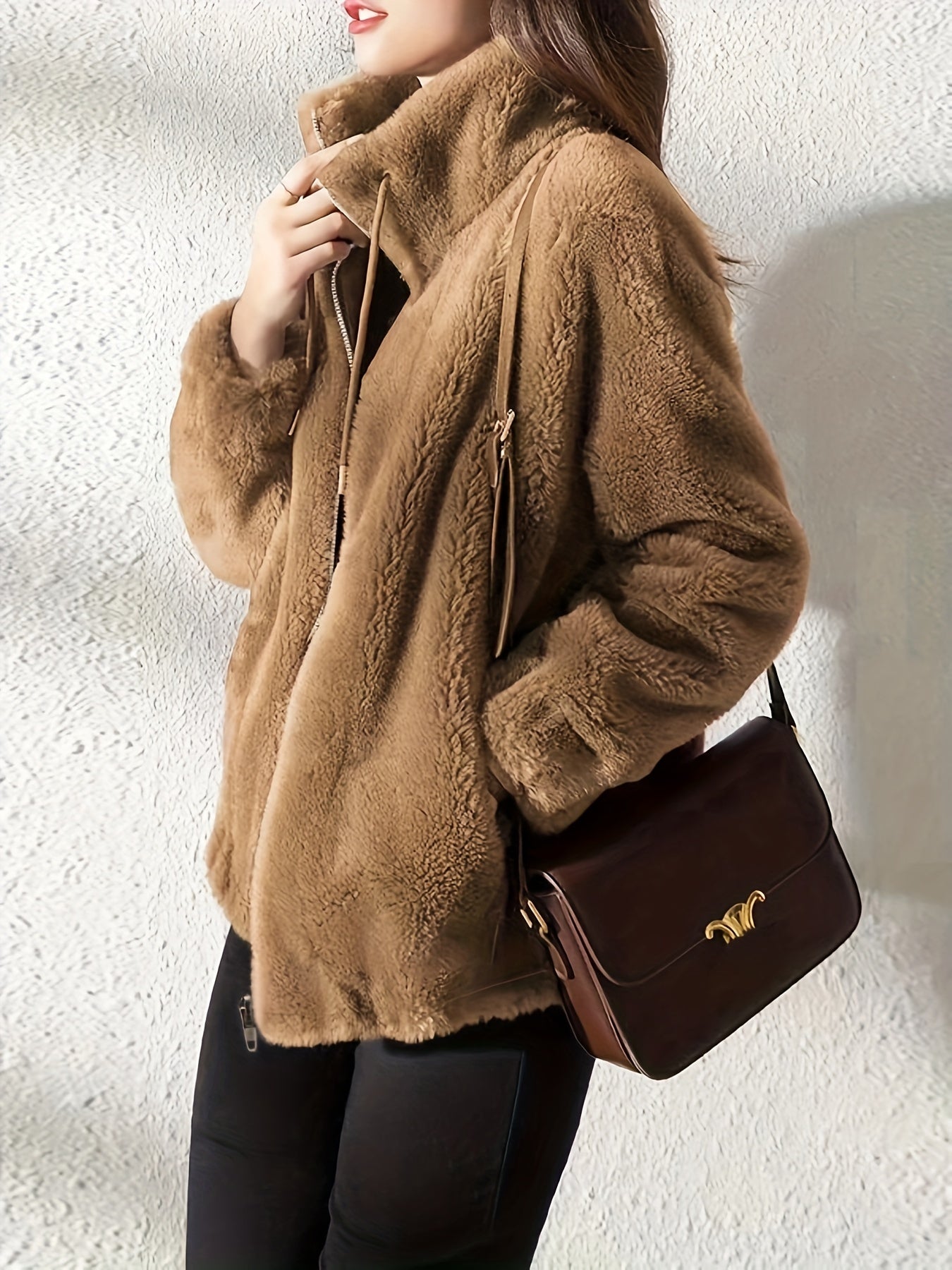Drawstring Teddy Coat - Casual Zip Up Long Sleeve Warm Outerwear - Women's Clothing