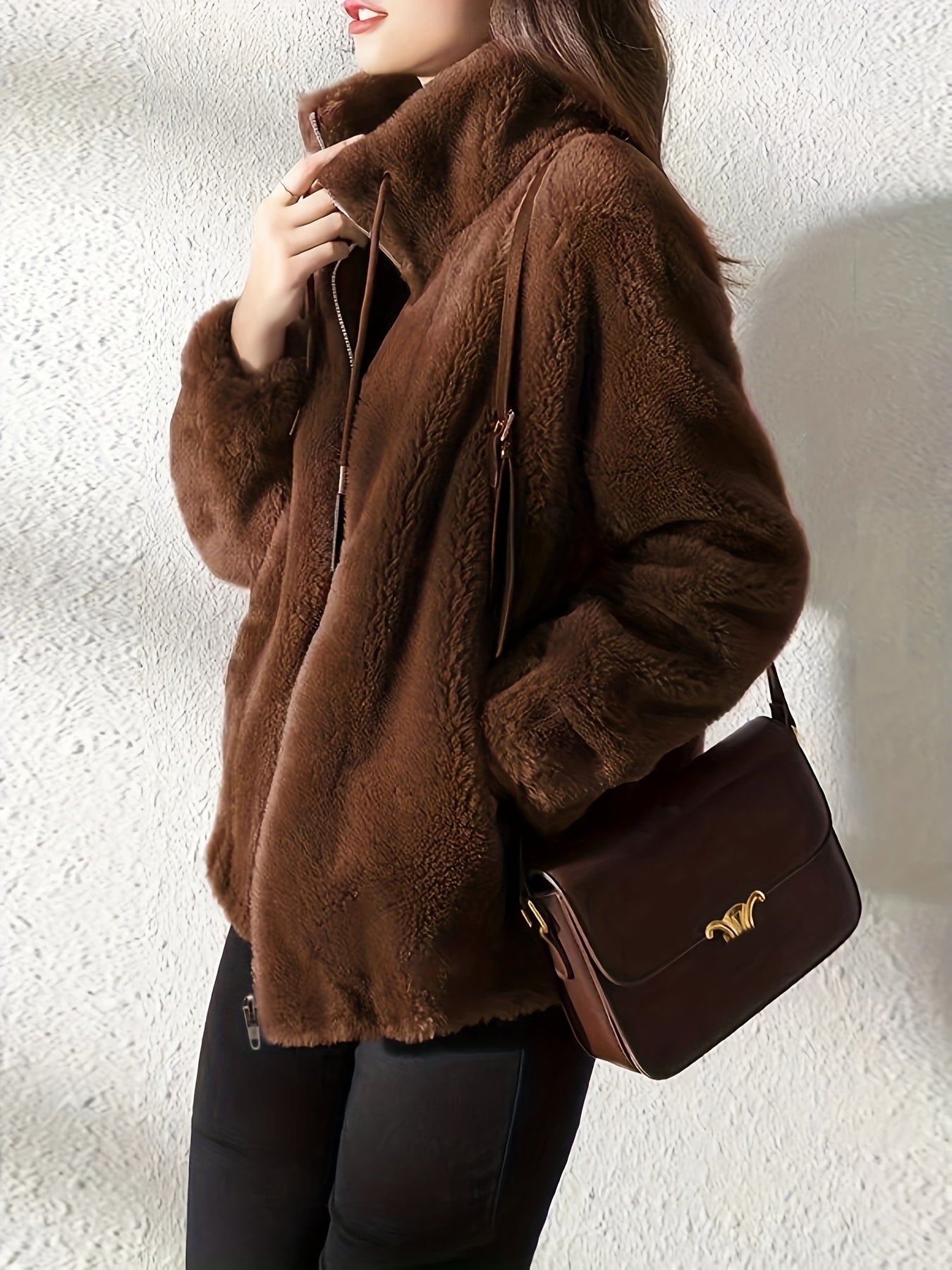 Drawstring Teddy Coat - Casual Zip Up Long Sleeve Warm Outerwear - Women's Clothing