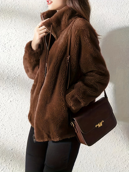 Drawstring Teddy Coat - Casual Zip Up Long Sleeve Warm Outerwear - Women's Clothing
