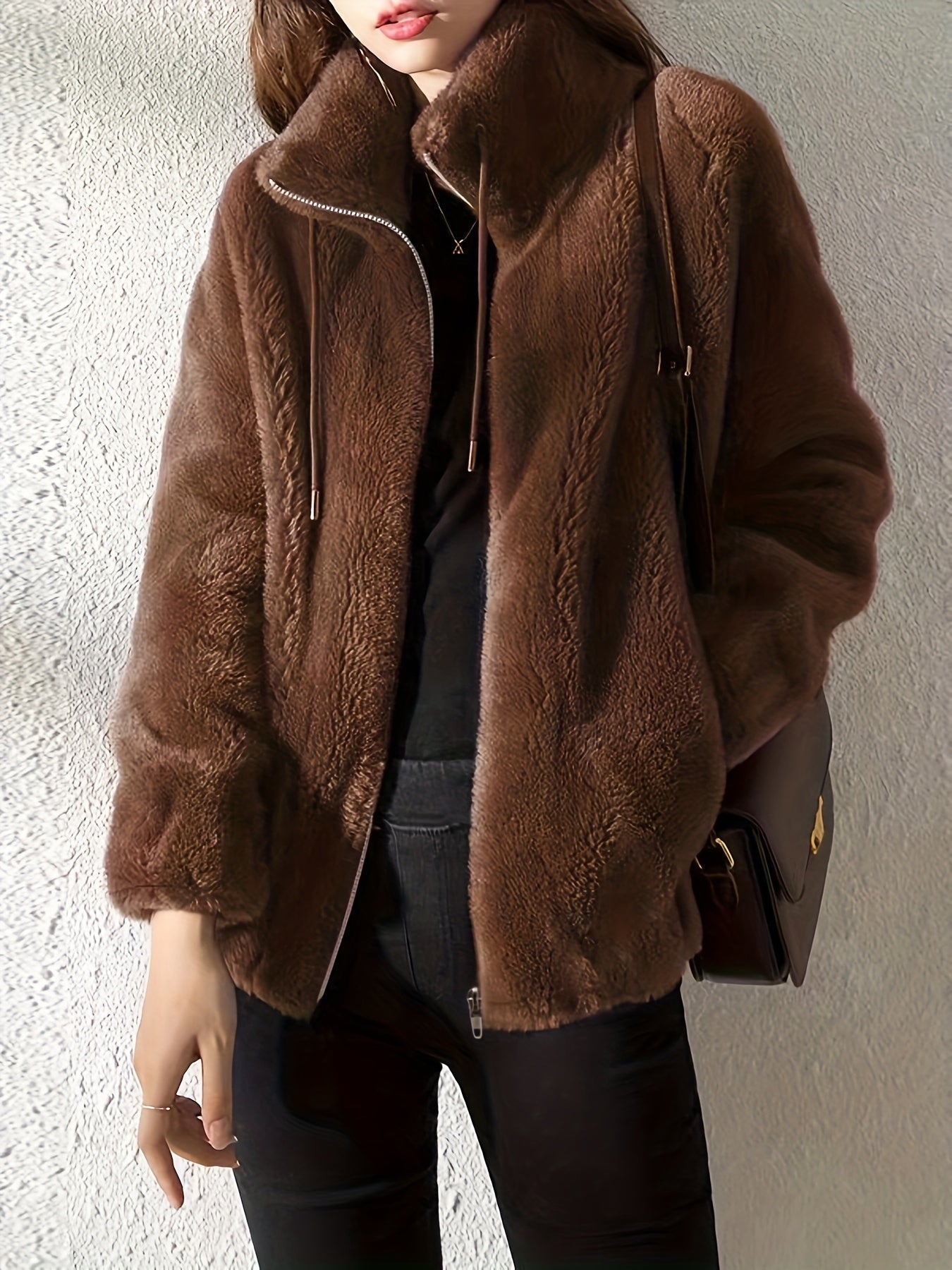 Drawstring Teddy Coat - Casual Zip Up Long Sleeve Warm Outerwear - Women's Clothing