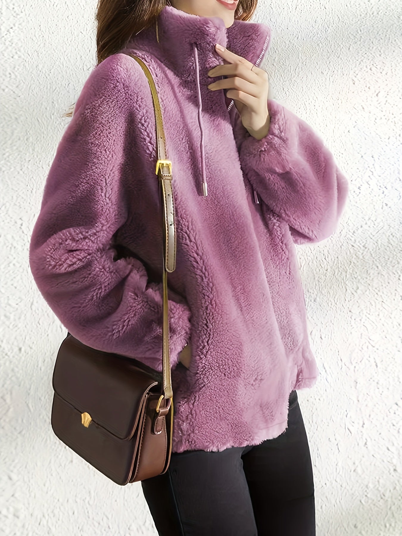 Drawstring Teddy Coat - Casual Zip Up Long Sleeve Warm Outerwear - Women's Clothing