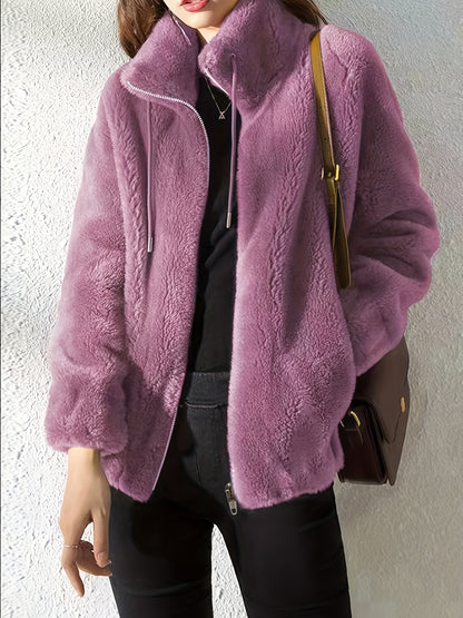 Drawstring Teddy Coat - Casual Zip Up Long Sleeve Warm Outerwear - Women's Clothing