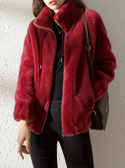 Drawstring Teddy Coat - Casual Zip Up Long Sleeve Warm Outerwear - Women's Clothing