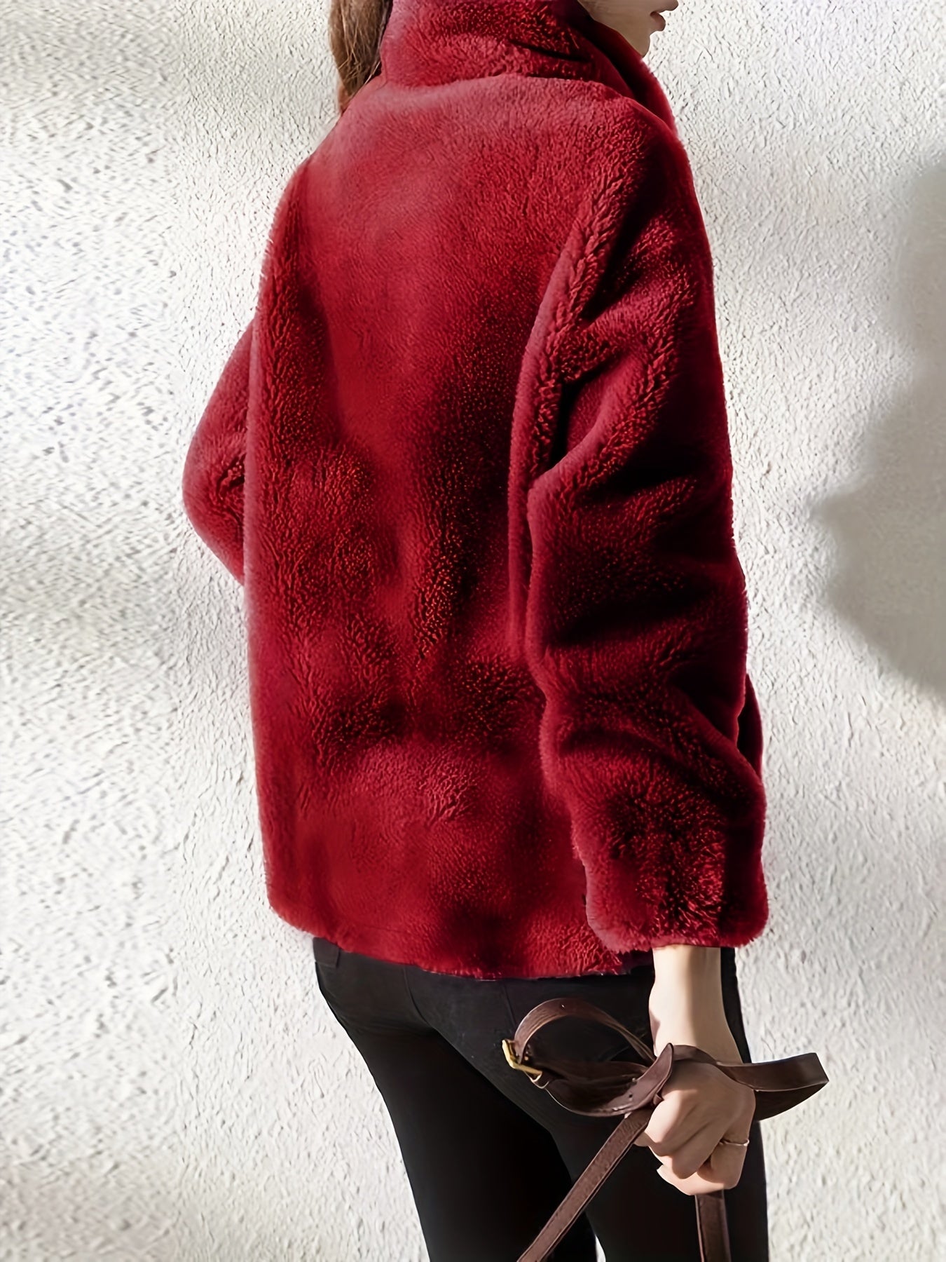 Drawstring Teddy Coat - Casual Zip Up Long Sleeve Warm Outerwear - Women's Clothing
