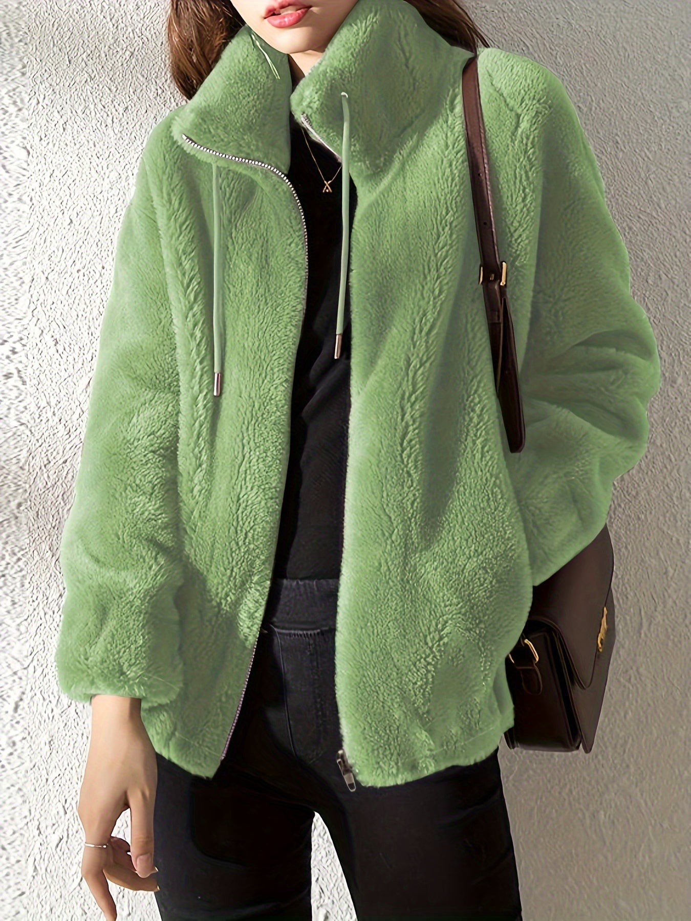Drawstring Teddy Coat - Casual Zip Up Long Sleeve Warm Outerwear - Women's Clothing