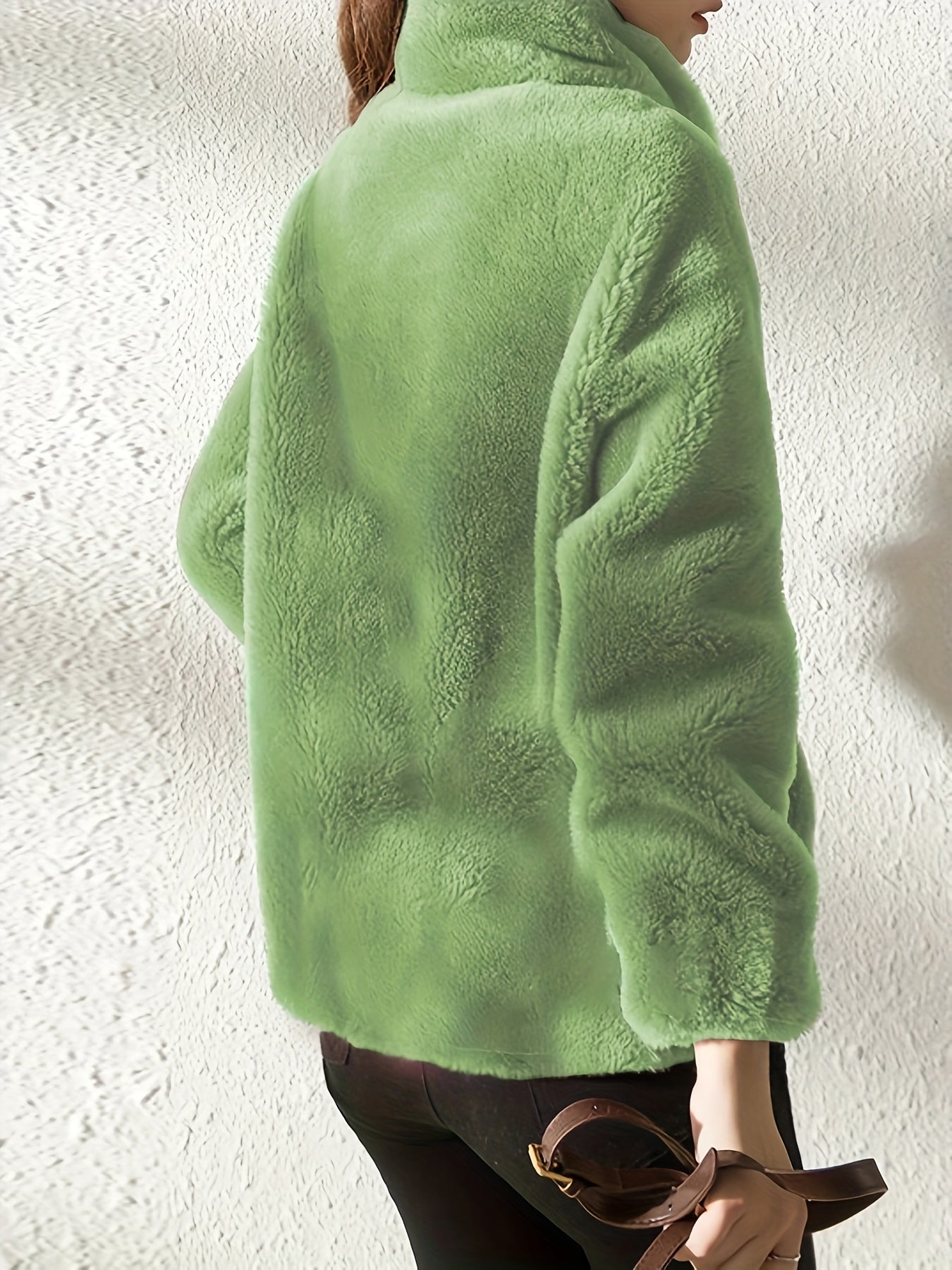 Drawstring Teddy Coat - Casual Zip Up Long Sleeve Warm Outerwear - Women's Clothing