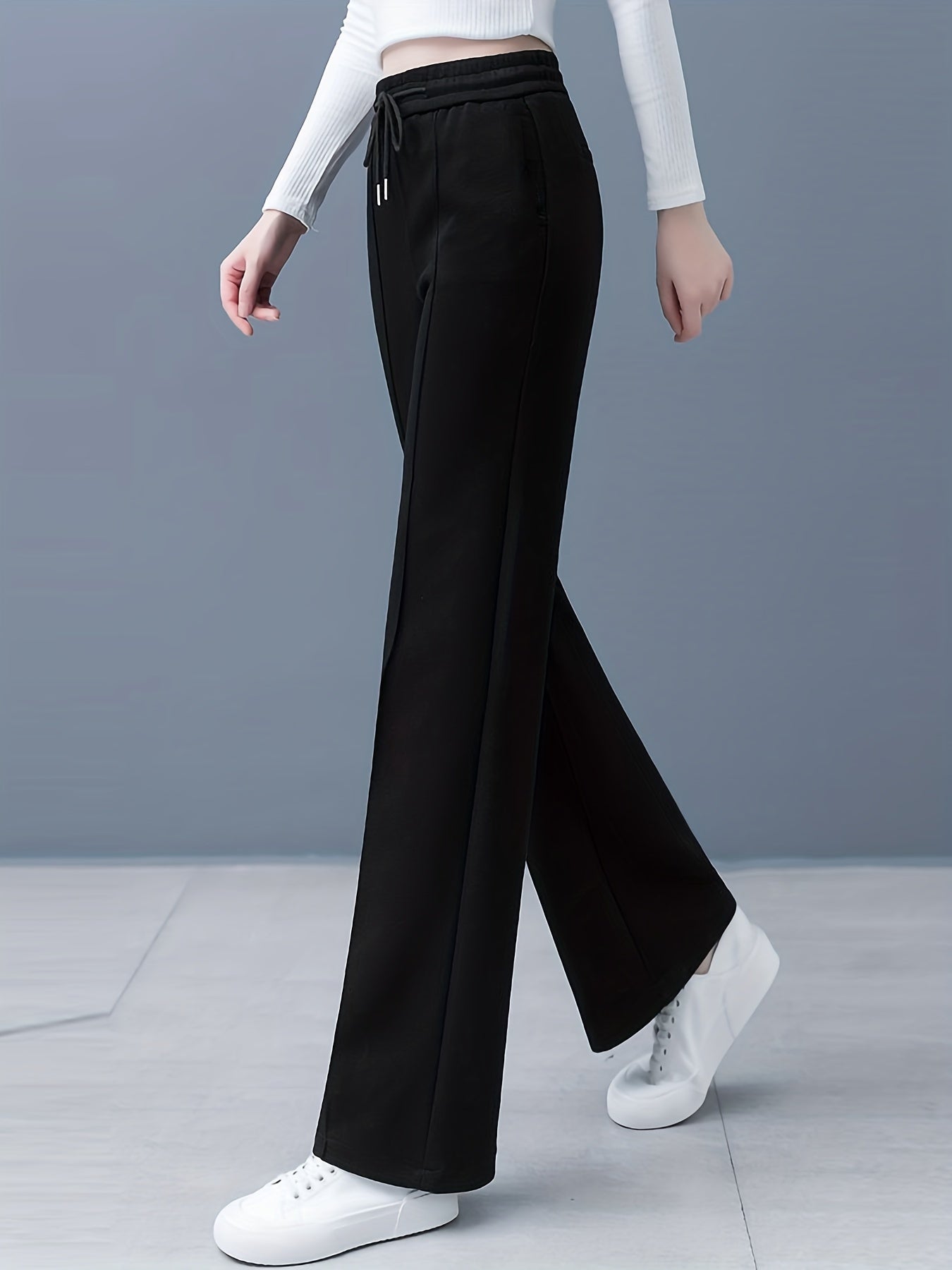 Solid Drawstring Straight Leg Sweatpants - Casual High Waist Loose Pants - Women's Clothing