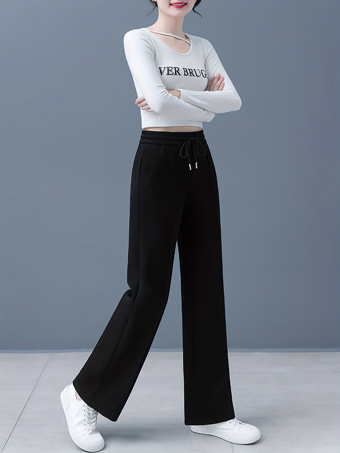 Solid Drawstring Straight Leg Sweatpants - Casual High Waist Loose Pants - Women's Clothing