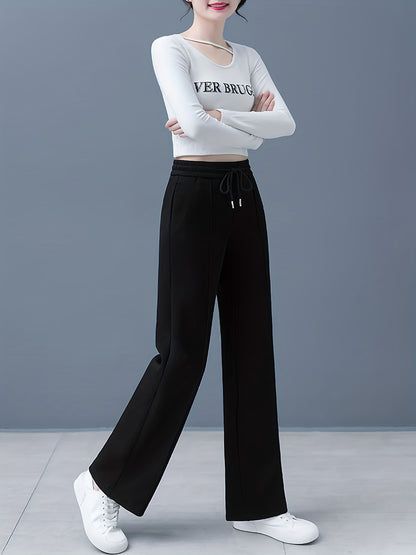 Solid Drawstring Straight Leg Sweatpants - Casual High Waist Loose Pants - Women's Clothing