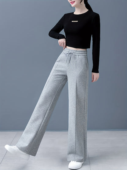 Solid Drawstring Straight Leg Sweatpants - Casual High Waist Loose Pants - Women's Clothing