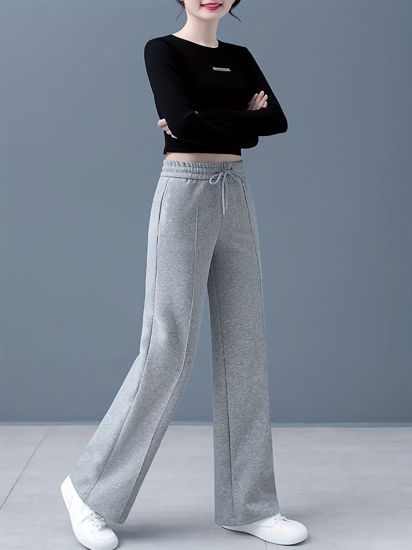 Solid Drawstring Straight Leg Sweatpants - Casual High Waist Loose Pants - Women's Clothing