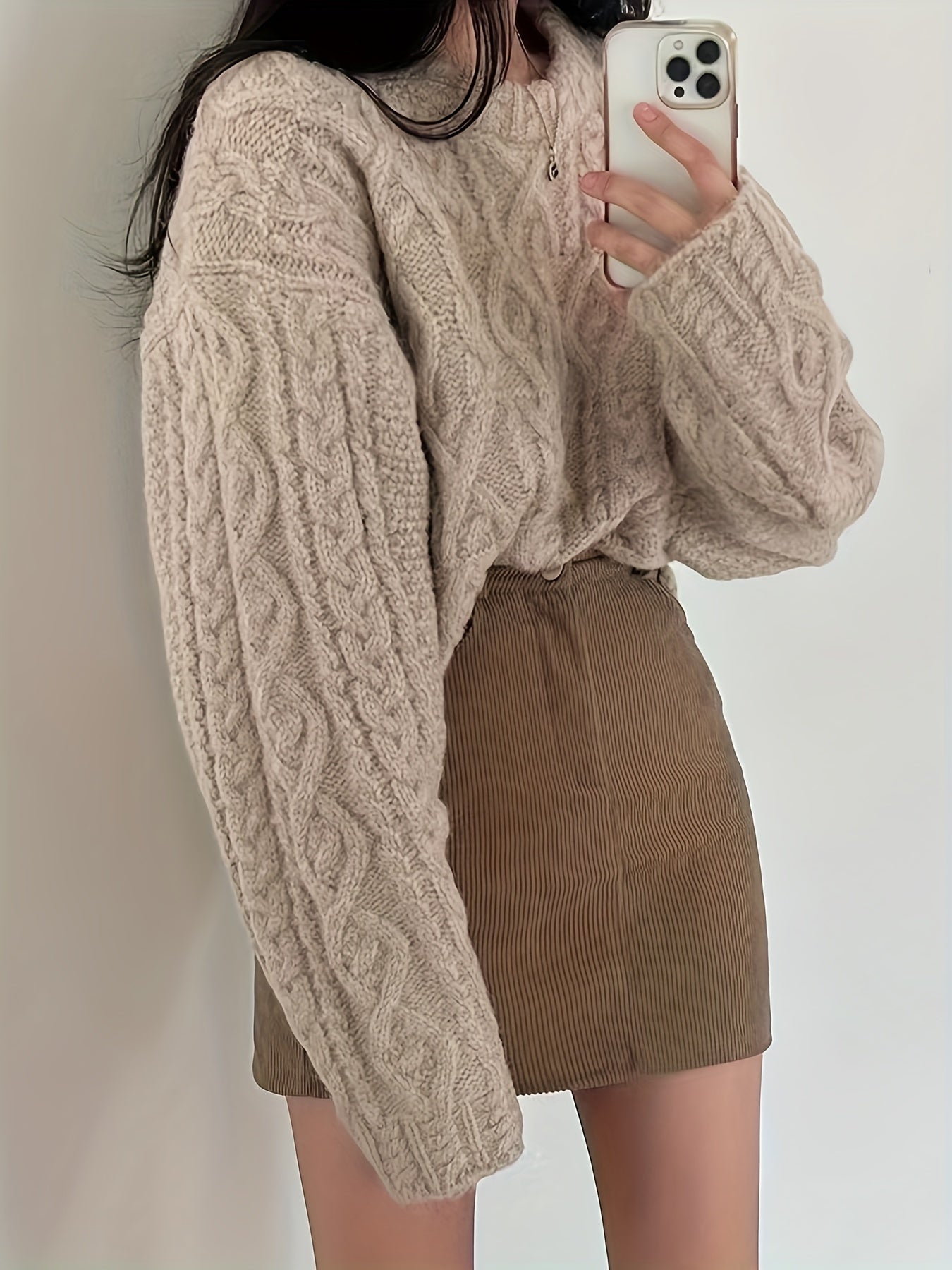Cable Knit Drop Shoulder Sweater - Vintage Long Sleeve Sweater For Fall & Winter - Women's Clothing