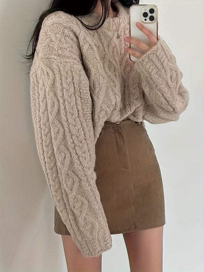 Cable Knit Drop Shoulder Sweater - Vintage Long Sleeve Sweater For Fall & Winter - Women's Clothing