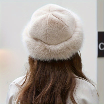 Thickened Faux Fur Bucket Hat Winter Warm Furry Basin Hats Solid Color Coldproof Cossack For Women Girls