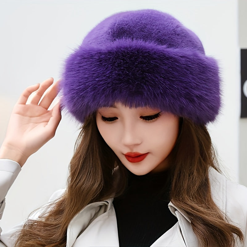 Thickened Faux Fur Bucket Hat Winter Warm Furry Basin Hats Solid Color Coldproof Cossack For Women Girls