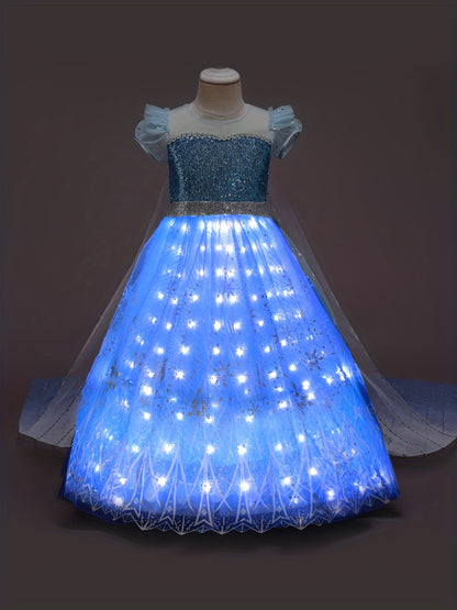 Girl's Princess LED Dress - Sequin Decor Puff Sleeve Tulle Dress - Fairy Tale Character Cosplay Costume