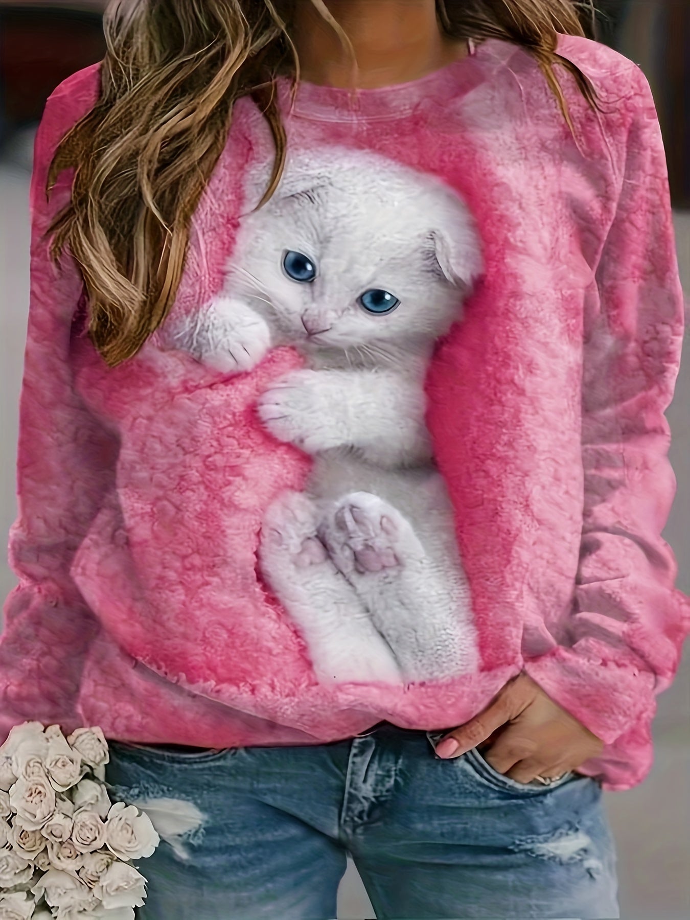 Plus Size Kawaii Sweatshirt - Women's Plus Cat Print Long Sleeve Round Neck Sweatshirt