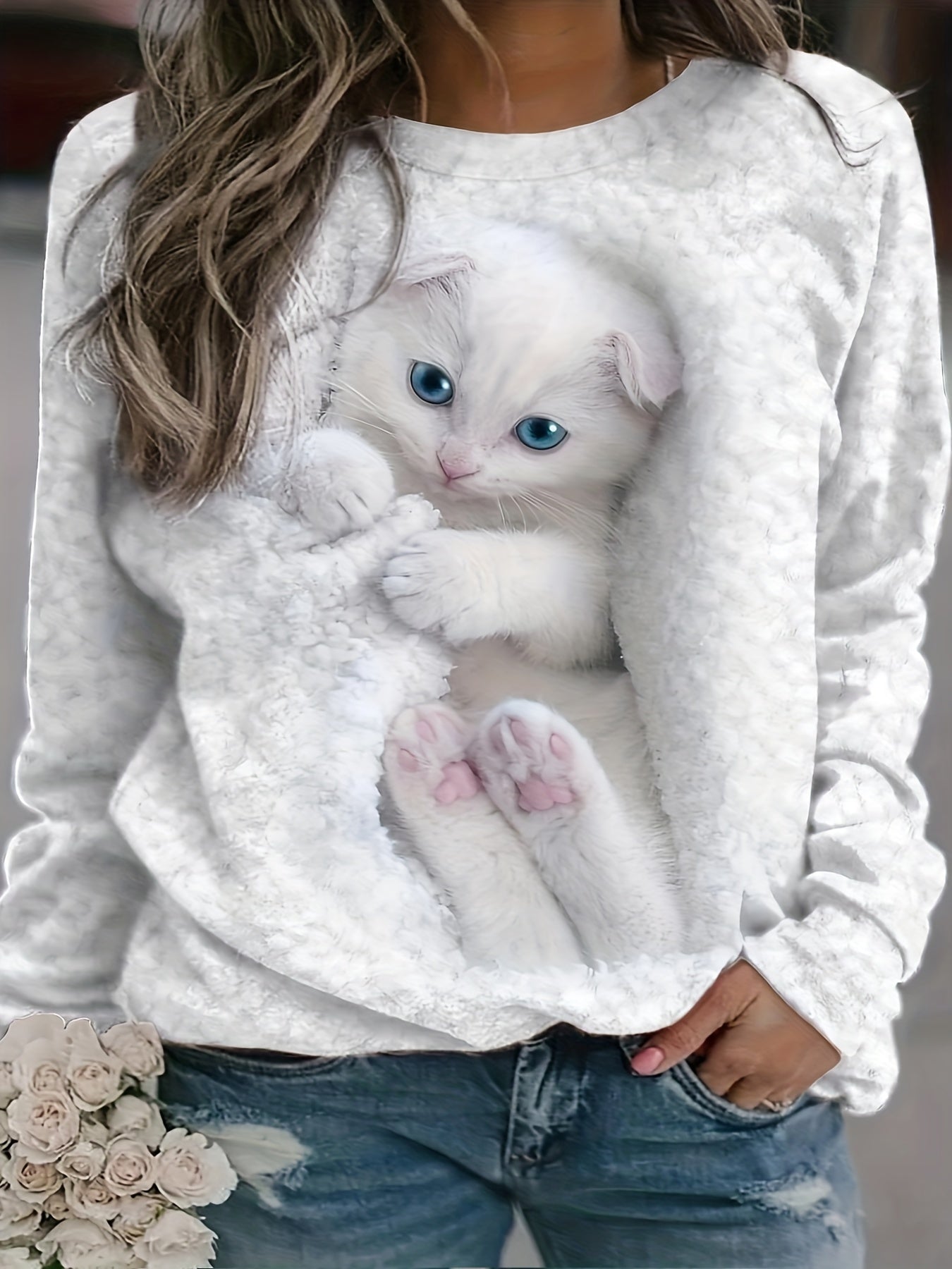Plus Size Kawaii Sweatshirt - Women's Plus Cat Print Long Sleeve Round Neck Sweatshirt
