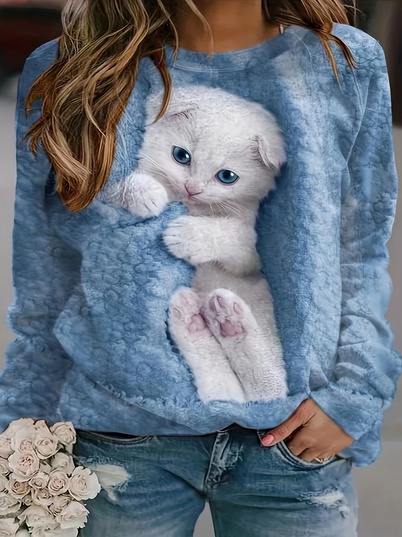 Plus Size Kawaii Sweatshirt - Women's Plus Cat Print Long Sleeve Round Neck Sweatshirt