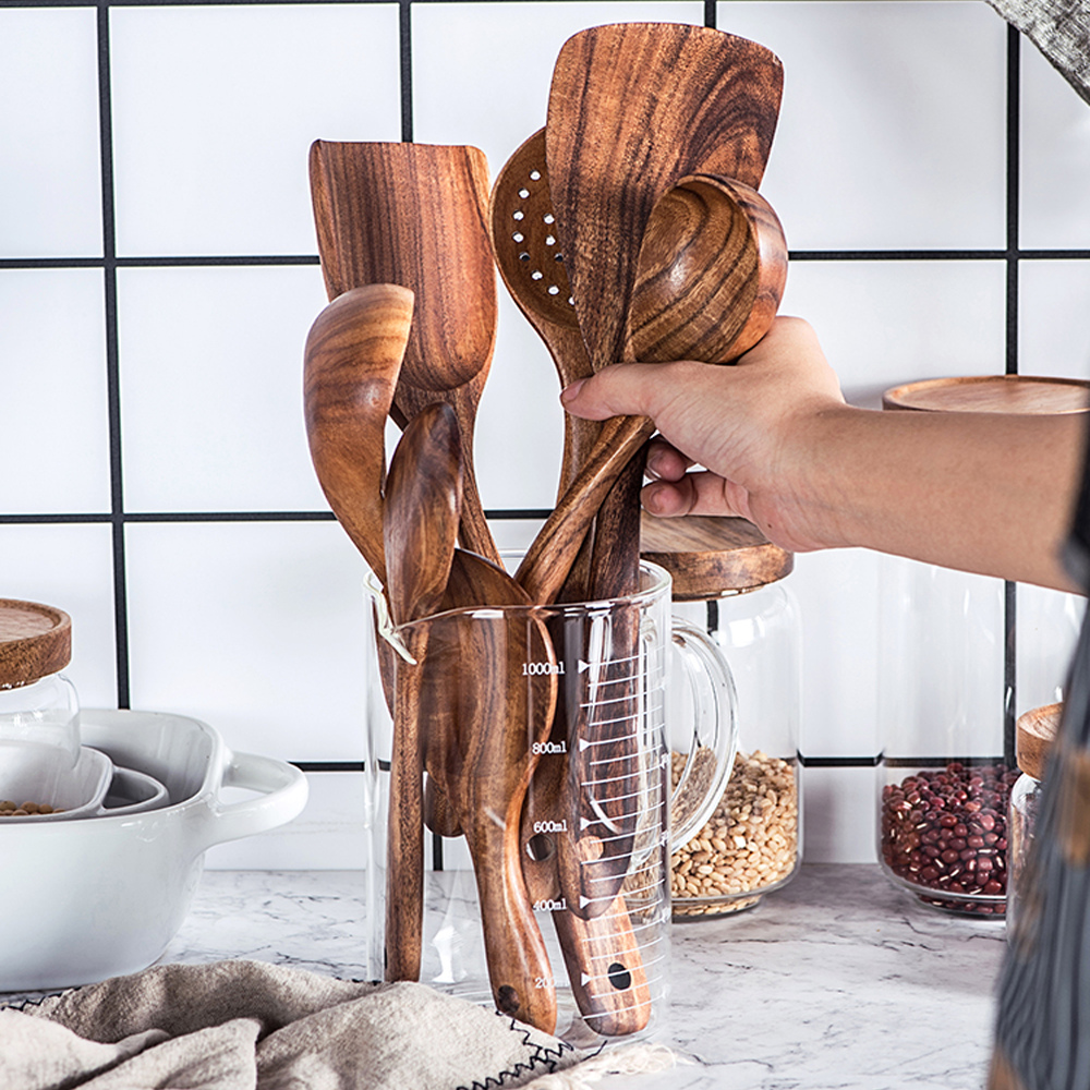 Premium Natural Teak Wood Kitchen Utensils – Eco-Friendly, Non-Toxic Cooking Spoons