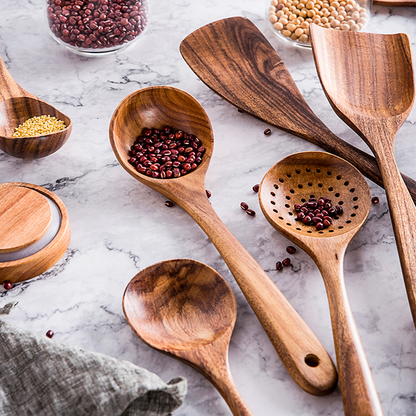 Premium Natural Teak Wood Kitchen Utensils – Eco-Friendly, Non-Toxic Cooking Spoons