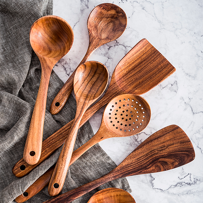Premium Natural Teak Wood Kitchen Utensils – Eco-Friendly, Non-Toxic Cooking Spoons