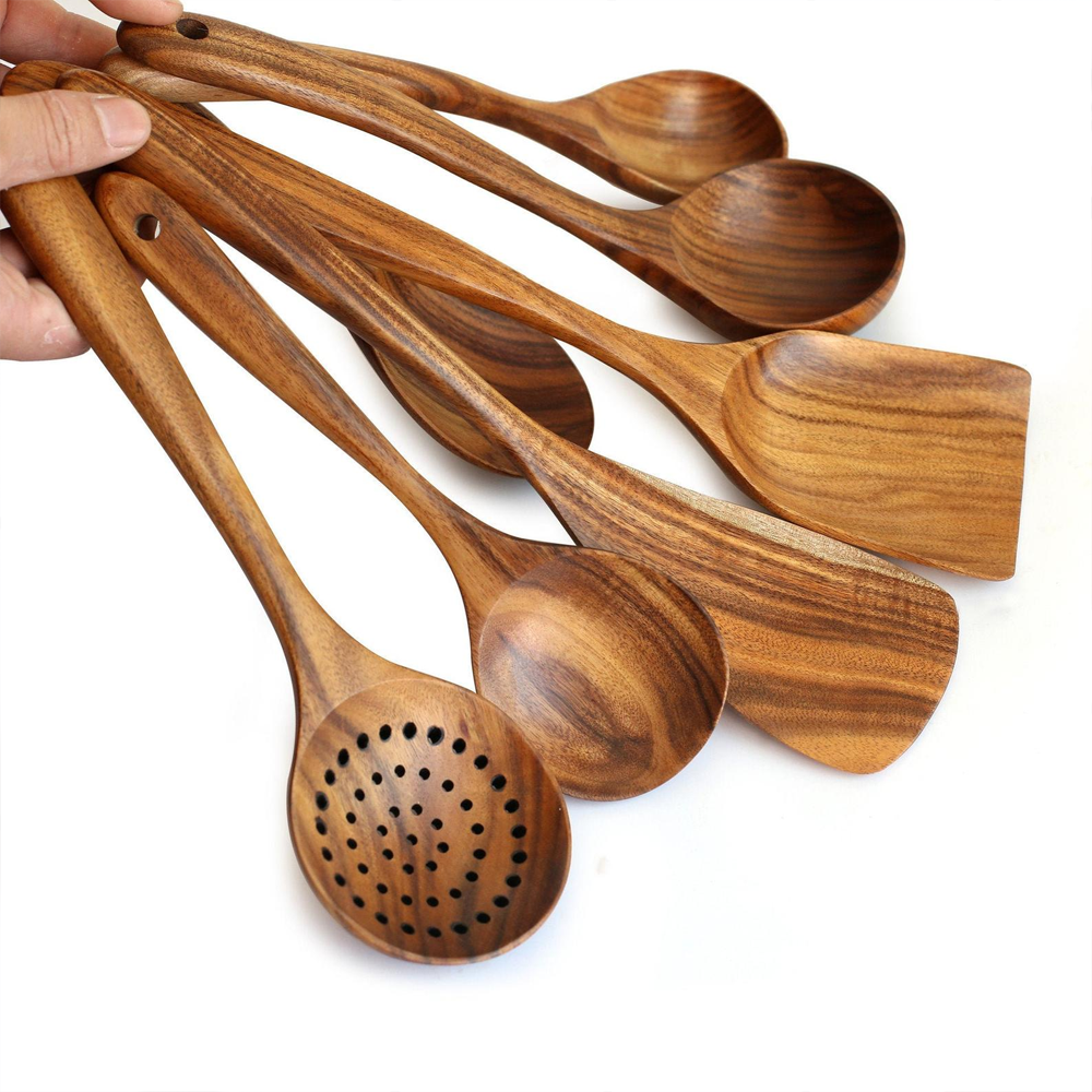 Premium Natural Teak Wood Kitchen Utensils – Eco-Friendly, Non-Toxic Cooking Spoons