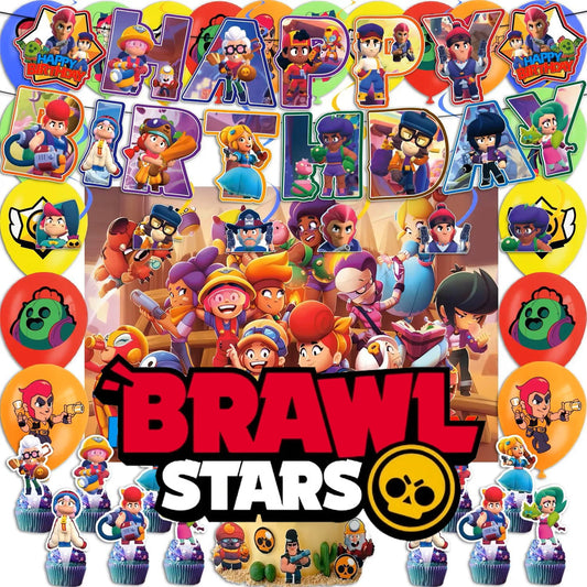 Brawl Stars Balloons Happy Birthday Banner Game Party Decoration Background Cake Topper Stickers Disposable Tableware Keychain