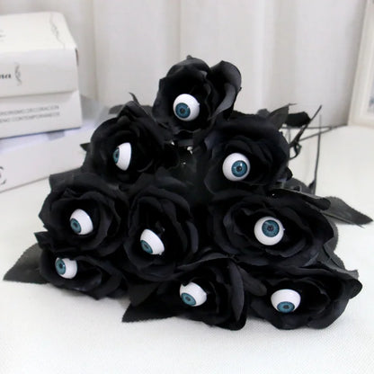 Artificial Rose Flower With Eyeball Black Burgundry Fake Floral Halloween Ghost Festival Layout Room Home Decoration Photo Props