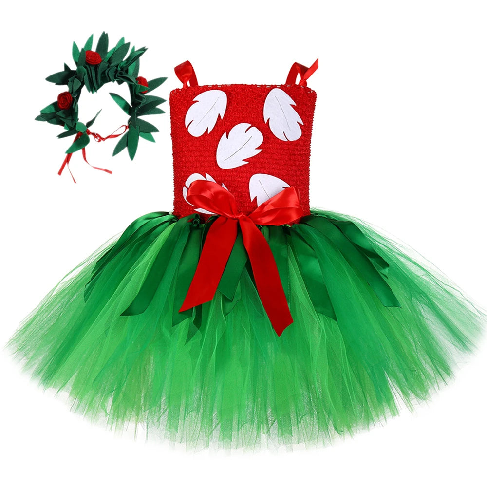 Red Green Hawaiian Girl Dress for Kids Tropical Aloha Style Party Costumes Bohemian Island Holiday Outfit Beach Fancy Tutus