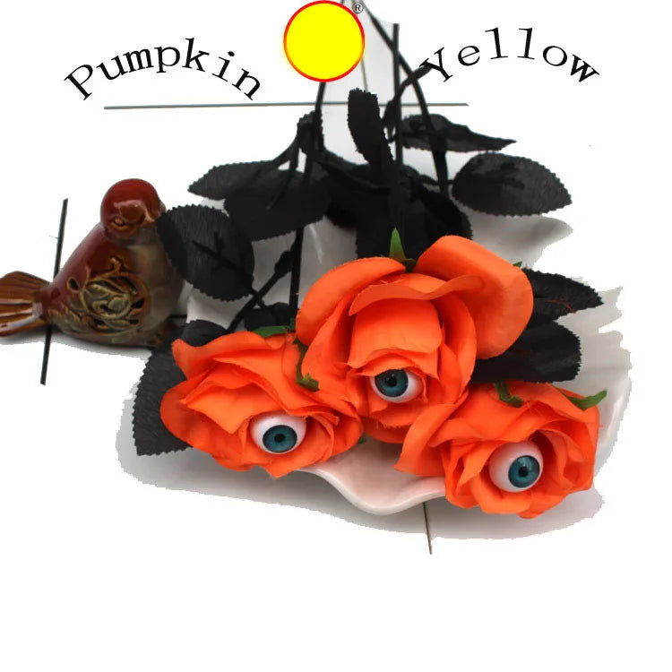 Artificial Rose Flower With Eyeball Black Burgundry Fake Floral Halloween Ghost Festival Layout Room Home Decoration Photo Props