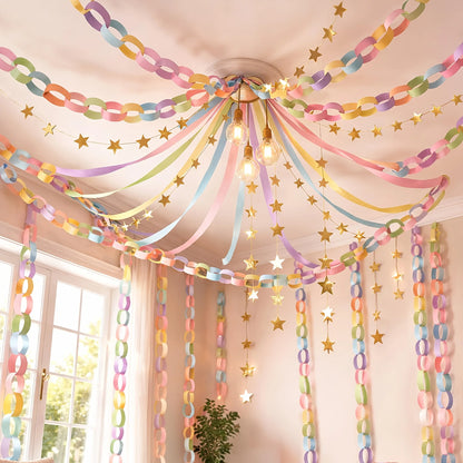 100pcs Pastel Birthday Party Decorations Kit,Paper Streamers Paper Chain Strips for Hanging Decor