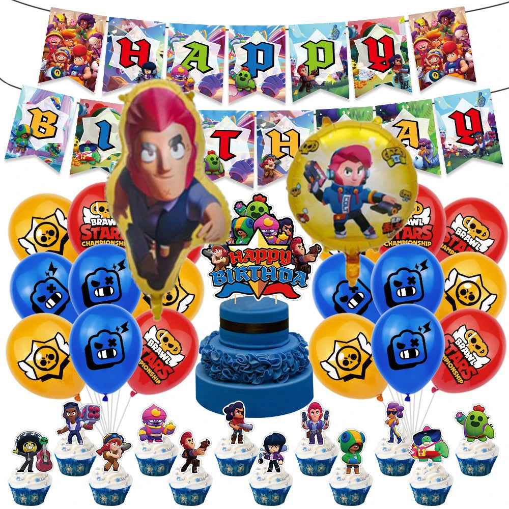 Brawl Stars Balloons Happy Birthday Banner Game Party Decoration Background Cake Topper Stickers Disposable Tableware Keychain