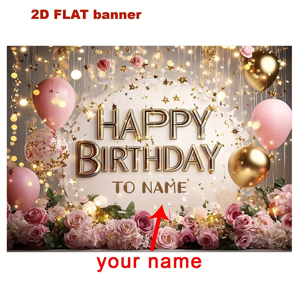 1pc  Pink Gold Floral Happy Birthday Party Backdrop Banner Custom Name Birthday Background for Photo Booth