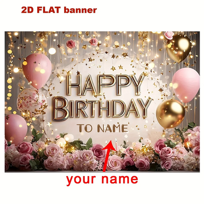 1pc  Pink Gold Floral Happy Birthday Party Backdrop Banner Custom Name Birthday Background for Photo Booth