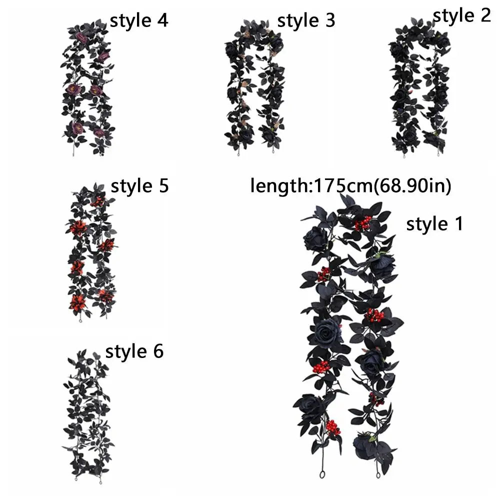Black Halloween Rose Leaf Vines 175cm Realistic Artificial Rose Vines Simulated Flowers Handmade Halloween Garland