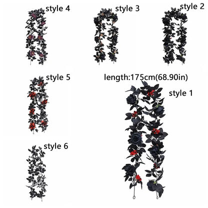 Black Halloween Rose Leaf Vines 175cm Realistic Artificial Rose Vines Simulated Flowers Handmade Halloween Garland