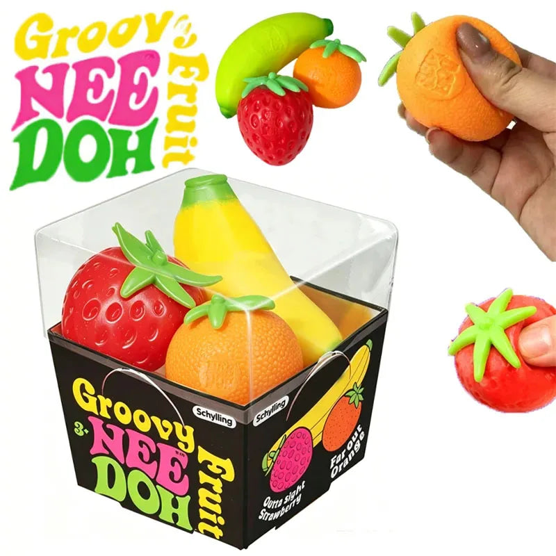 Groovy Fruit Needoh Squishy Toy Simulated Strawberry Banana Orange 3 Pack Fidget Sensory Toy Stress Relief Anti-Anxiety TPR Toy