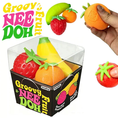 Groovy Fruit Needoh Squishy Toy Simulated Strawberry Banana Orange 3 Pack Fidget Sensory Toy Stress Relief Anti-Anxiety TPR Toy