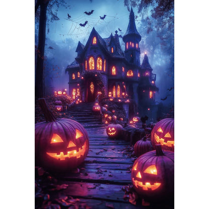 Halloween Photography Background Dark Blue Full Moon Night Castle Pumpkin Lantern Kids Family Halloween Portrait Photo Backdrop