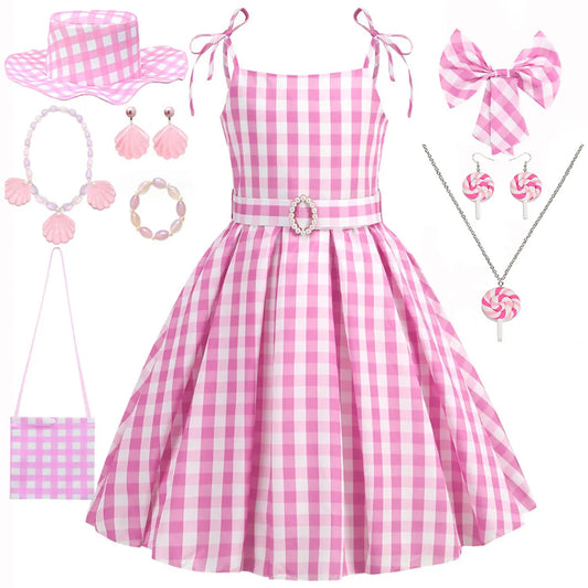 2025 Summer Beach Baby Girl Pink Cute Sleeveless Plaid Slim Strap Dress For Girl Cowboy Look Stripe Dress Set With Belt