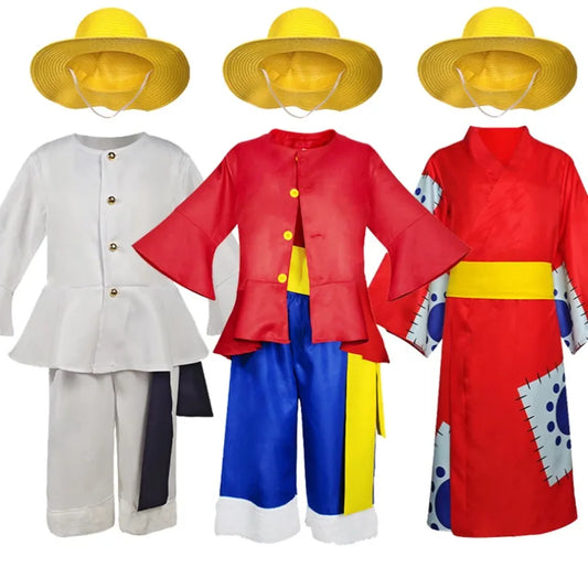 Anime Luffy child Cosplay Costumes Monkey D Cosplay Suits Hats Halloween For Women Men Adult Cos Top Pants Gifts