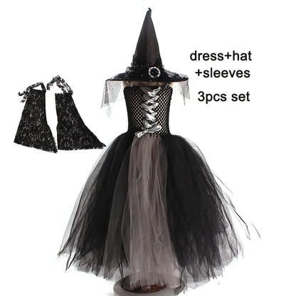 Girls Gothic Halloween Ghost Witch Costume Flare Sleeve Kids Gown Robe Tutu Dress with Witch Hat for Purim Carnival Party