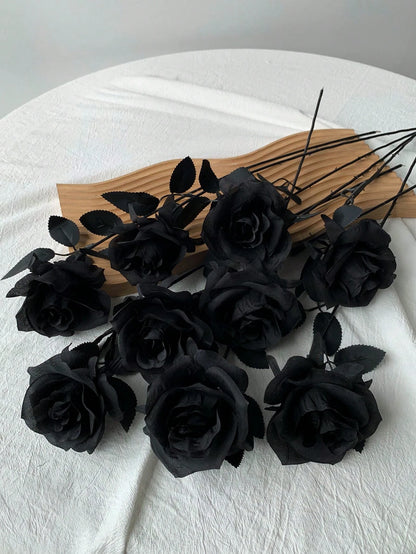 Uflower 48cm Pure Black Silk Rose Long Stem Fake Flowers Gothic Style Decoration Halloween Home Wedding Party Decor