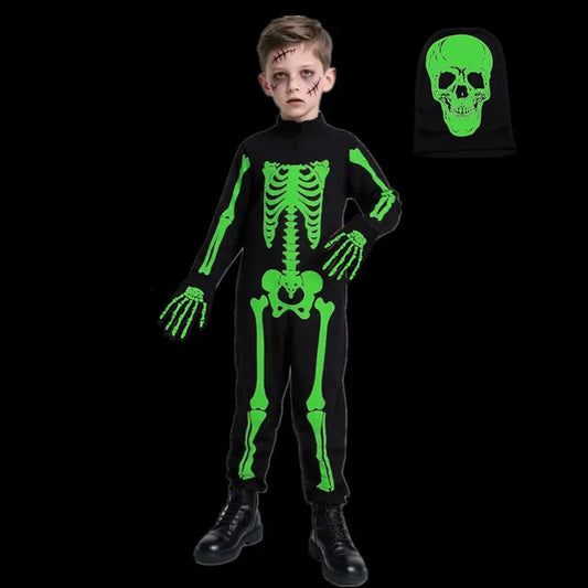 Glow in Dark Skeleton Costume with Horror Gloves Mask Full Body Jumpsuit for Kids Scary Halloween Ghost Costume Role Play Suit