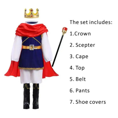 Medieval King Prince Red Blue 7 Piece Costume Set With Crown Scepter Cape For Royal Halloween Party Fancy Dress Performance