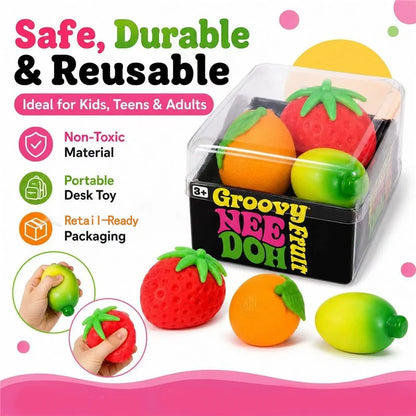 Groovy Fruit Needoh Squishy Toy Simulated Strawberry Banana Orange 3 Pack Fidget Sensory Toy Stress Relief Anti-Anxiety TPR Toy