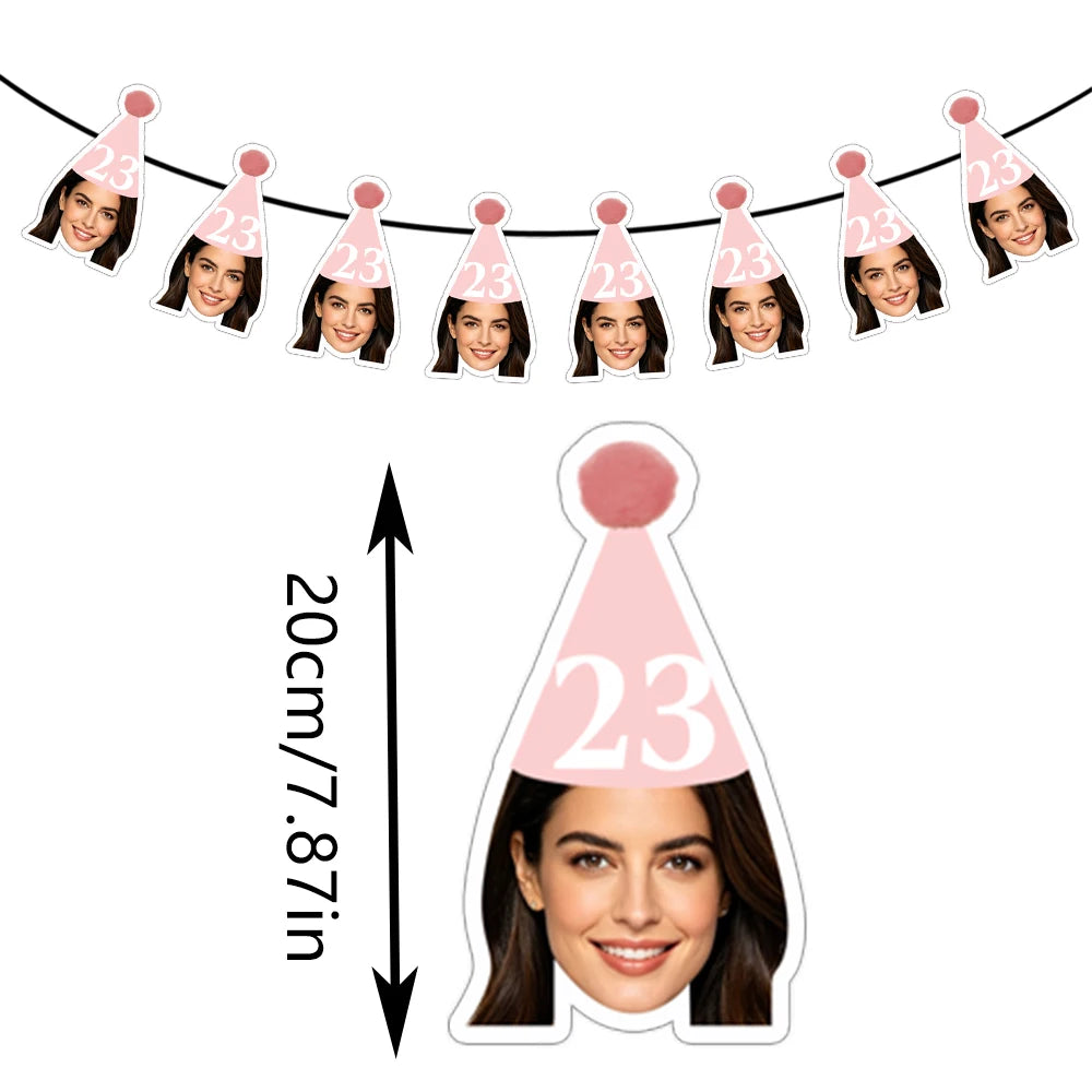 8pcs Custom Face Photo and Age Solid Color Simple Birthday Cone Hat Banner Bunting, Suitable for Any Age Birthday Party