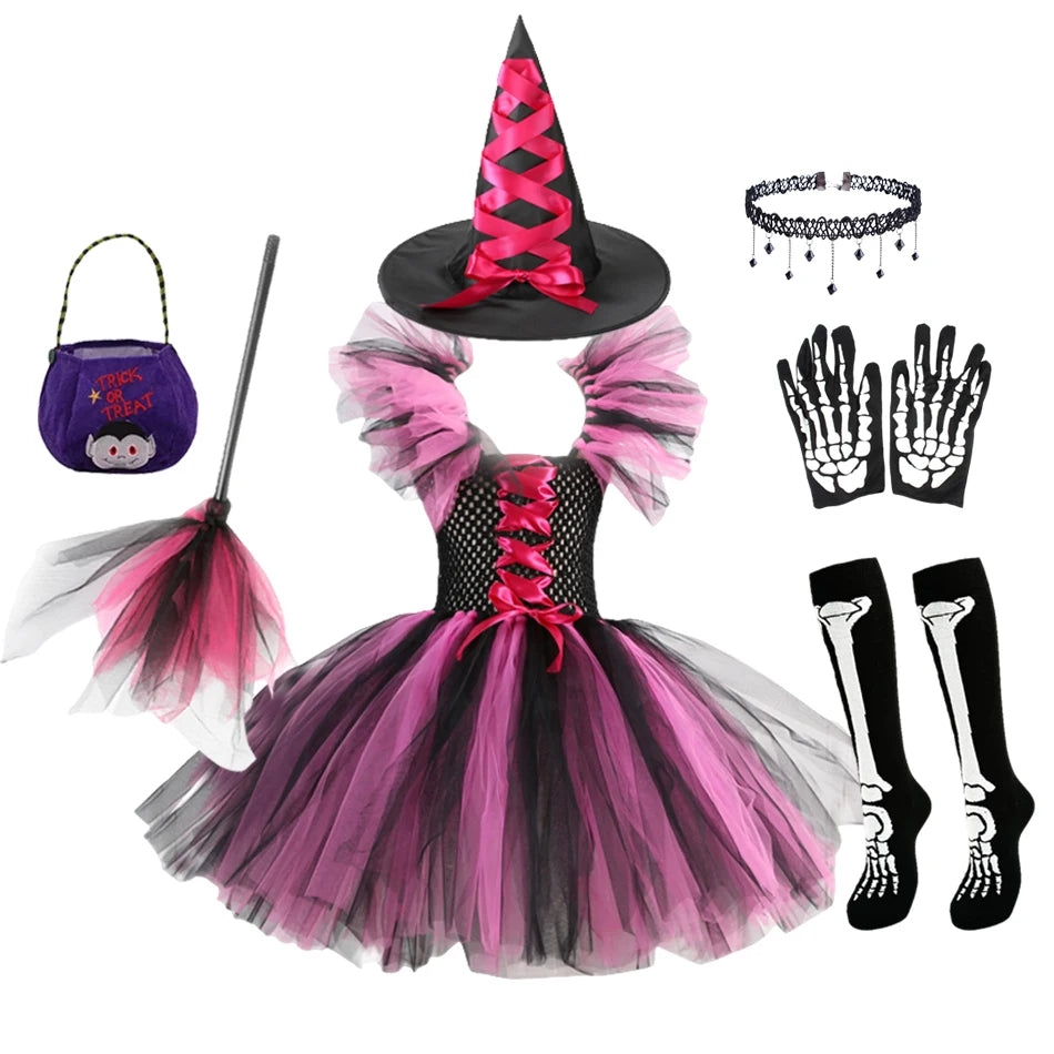 Girl Halloween Cosplay Witch Hat Broom Disguise Costume Dress Up Kids Carnival Party Children Vestidos Outfit